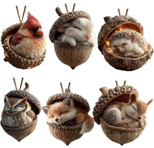 6PCS Forests Animal Acorn Ornaments, Handmade Animal Christmas Ornaments Acrylic, Paired With Wreaths, Fireplace Mantels, Or Table Settings, Hung On Christmas Trees Or Home Walls