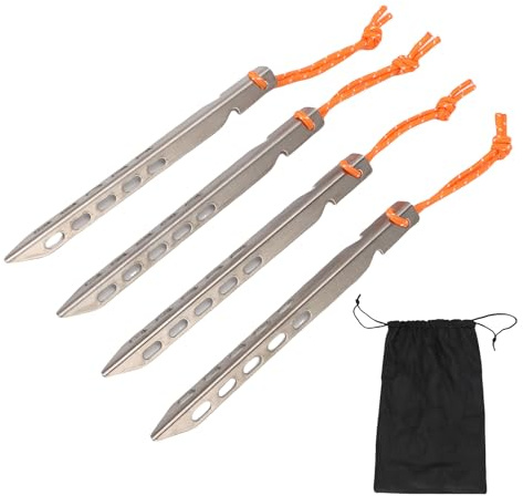 Baxnore Piquets de Tente en Alliage Piquets de Camping Robustes en Forme de V avec Corde pour Camping en Plein air Sac à Dos Plage 4 pièces Argent