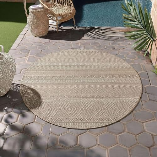 HomebyHome Outdoor Teppich Rund 80 cm Beige Wetterfest UV-beständig Pflegeleicht Skandinavisches Boho Design für Balkon Küche Flur Indoor Outdoor