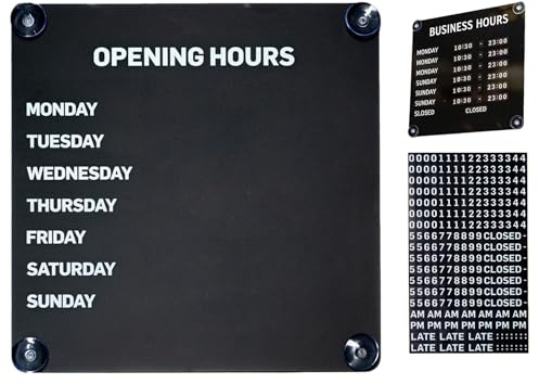 Öffnungszeiten-Schild aus Metall (26 x 26 cm), mit austauschbaren Magnetzahlen und Saugnapf, wiederverwendbar für Geschäfte, Cafés, Salons und Büros(Black)
