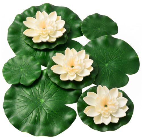 Liravonte 9 PCS Artificial Floating Pond Plants Uk, 3 Sizes Lily Pads White Lotus Flower, Pond Ornaments for Pool Water Decoration