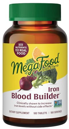 MegaFood Blood Builder Iron Supplement for Women & Men - Increase Iron Levels Without Side Effects - Combats Fatigue - with Vitamin B12, Folic Acid & Vitamin C for Absorption - Vegan - 180 Tablets