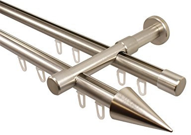 iso-design Innenlauf Gardinenstangen 2-läufig 20 mm Durchmesser Farbe Edelstahl Wandmontage Innenlaufstangen inklusive Gleitern und Endstück Spitze, 180 cm