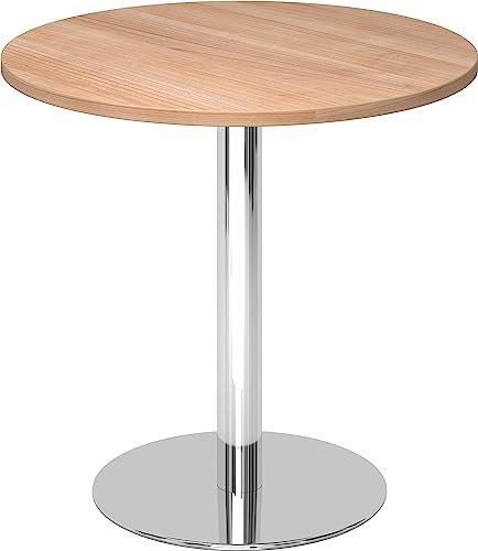 bümö Besprechungstisch, Esstisch klein, Tisch rund 80 cm - Kleiner Esstisch Nussbaum, Rundtisch Esstisch 2 Personen mit Holz-Platte, Säule aus Metall verchromt, Konferenztisch, Bistrotisch