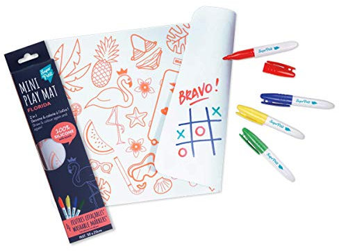 SUPER PETIT - Mini Playmat 2-in-1 – Florida – wendbar – Lieferung mit 4 radierbaren Filzstiften in verschiedenen Farben – leicht zu reinigen – wiederverwendbar – antibakteriell – ab 3 Jahren – 30 x 20