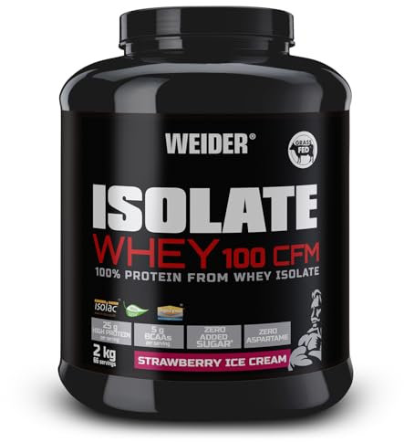 Weider Isolate Whey 100Cfm, 100% Aislado de Proteina de Suero, Cero Azúcar, Cero Aspartamo, con Stevia, con Dygezime, con Bcaa, Apto para Veganos, Isolac. para Dietas Keto, Negro, Fresa, 2 Kg