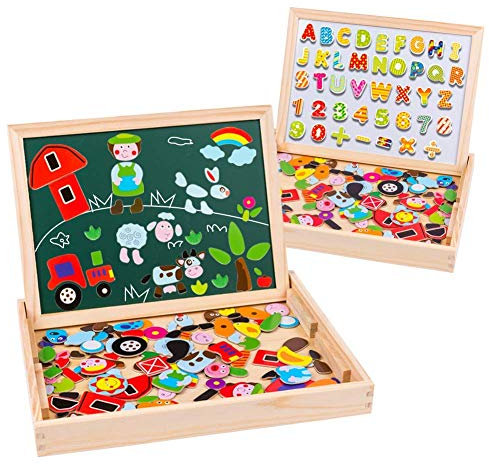 Uping Holzpuzzle mit Doppelseitige Magnettafel,Kinder Magnetische Holzspielzeug,155 Stücke Nettes Farm Tier/Auto/Buchstaben Digitales Puzzle -Muster, Geschenk für Junge und Mädchen