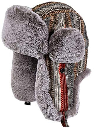 Cozomiz Wintermütze Warme Fliegermütze with Ohrenschützer für Herren Damen Fellmütze Kunstfell Russenmütze Pilotenmütze Hut Trappermütze Uschanka Streifen Grau X-Large