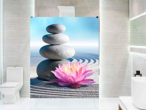 Vinilo para Mamparas de Ducha y Baños Piedras Grises y Flor Zen | Varias Medidas 110x185cm | Adhesivo Resistente y de Fácil Aplicación | Pegatina Adhesiva Decorativa de Diseño Elegante