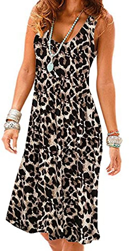Camisunny Women Casual Loose Tank Dresses Clothes Sleeveless Beach Vacation Dress Swing Pleated U Neck Fashion Soft, 02 Leopard, Medium