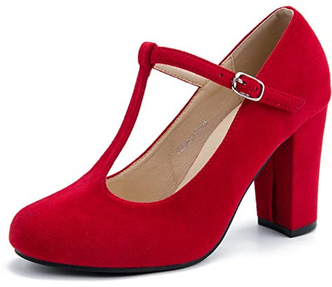 Damen T-Strap Mary Jane Pumps High Block Chunky Heel Hochzeitskleid Schuhe, Wildleder rot, 39 EU