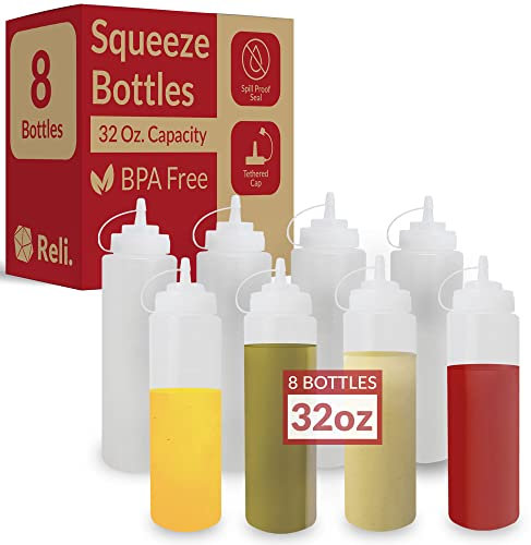 Reli. Plastic Squeeze Bottles, 32 oz. | 8 Pack | Condiment Squeeze Bottles for Sauces | Clear w/Tethered Caps | 32 Ounce Hot Sauce, Ketchup Bottles | Squirt Bottles for Condiments, Olive Oil, Liquids