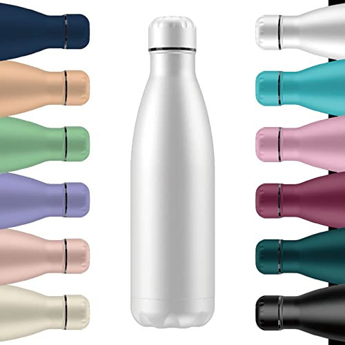 Mi Ko Mi Ka Botella de Agua Térmica de Acero Inoxidable Reutilizable | Sin BPA | Mantiene 24H Frio / 12H Calor | Hermética - Doble Pared a Prueba de Fugas (Blanca, 500ml)