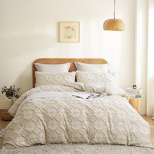 Lanqinglv Beige Bettwäsche 135x200 cm Boho Getuftet Exquisite Handgefertigt Stickerei Geometrisch Chic Getuftet Vintage Bettbezug 135x200cm mit Reißverschluss und 1 Kissenbezüge 80x80cm