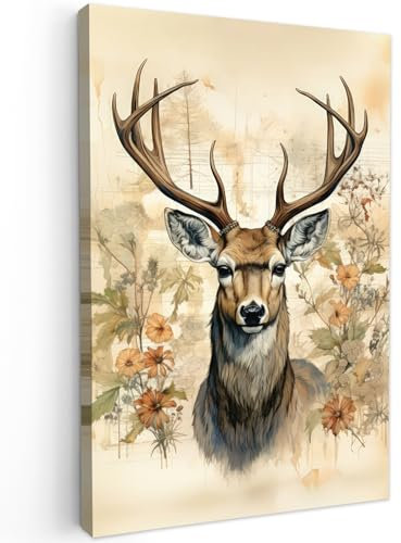 MuchoWow© Impression sur Toile Photo Peinture 80x120 cm Tableau Decoration Murale Chambre Salon Maison Deco Cuisine Vintage - Cerf - Fleurs - Beige - Animaux - Nature