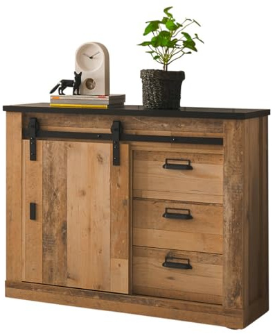 Furn.Design Kommode in Used Wood hell Holz und schwarz/anthrazit Sideboard Schlafzimmer Wohnzimmer Schrank Schubkastenkommode 93 x 91 cm Stove (Kommode)