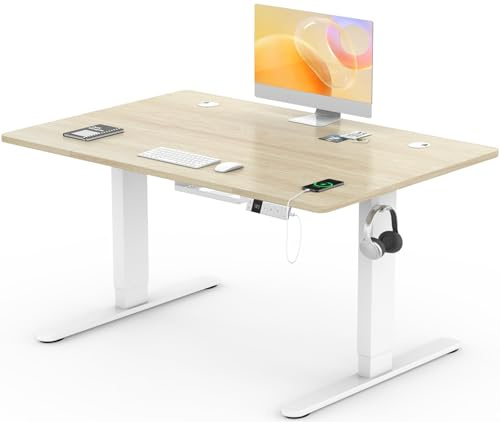 Devoko Bureau Assis Debout Électrique 120×80 cm, 3 Mémoires, USB, Beige | Anti-collision, Roulettes, 70 kg, 72-119 cm, rangement câbles, 2 crochets, certifié 50% recyclé, montage 30 min