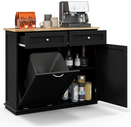 GIANTEX Meuble de Cuisine Rangement, Buffet de Cuisine Vaisselier avec 2 Tiroirs & Armoire à Porte, Placard Commode à Plateau pour Salon Buanderie Toilette, Convient à Poubelle (Non Inclus) (Noir)
