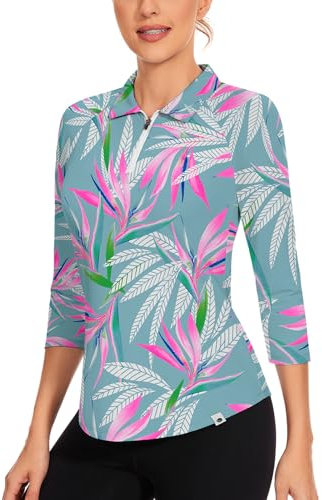 Soneven Poloshirt Damen Langarm 3/4 Arm Golf Polo Shirt Bluse Damen Elegant Blusenshirt Damen Hemdbluse Casual T-Shirt Blatt L