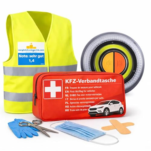 3 in 1 Set - Auto & PKW Erste-Hilfe-Kit 2026: EN ISO 20471 - V16 Warnleuchte & konformer Verbandskasten, Verbandstasche und Warnweste - Autozubehör & Pannenset (V16 Set)