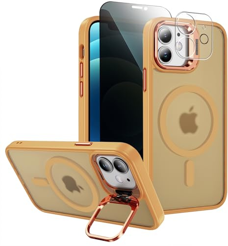 TXXO for iPhone 12 / iPhone 12 Pro case for MagSafe Privacy Screen and Stand with Camera Lens Protector, Military Shockproof Scratch Matte Finish Slim Cover Magnetic Phone Case for iPhone 12 - Orange