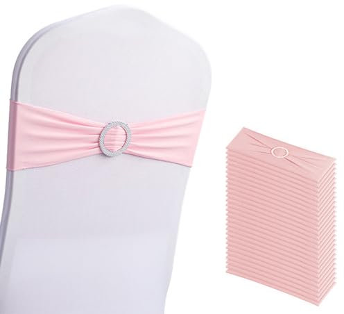 Thenevred Pack of 50 Spandex Rose Pink Chair Sashes for Wedding & Party Events - Pink Chair Bows & Bands with Buckles