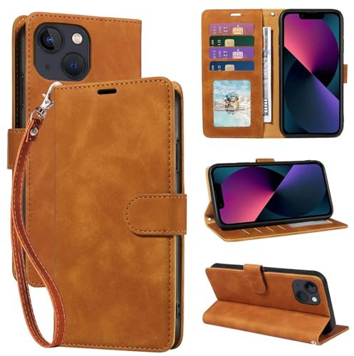GOTOURED for iPhone 13 Mini Phone Case Wallet, RFID Blocking 3 Card Slots, Wrist Strap, Kickstand, Magnetic Closure, Shockproof Protective Soft Leather Flip Cover (Brown)