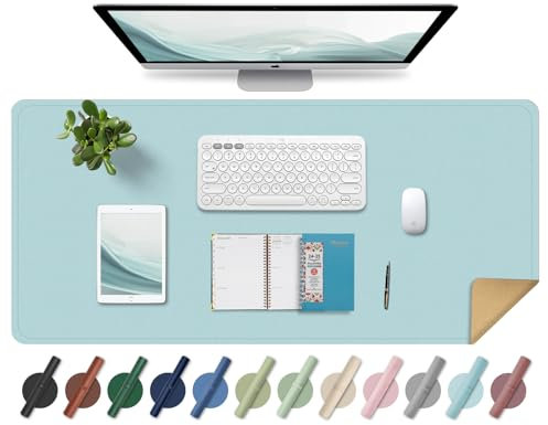 BLESWIN Leder-Schreibtischunterlage, Rutschfeste Große Mausunterlage, Computer- und Laptop-Matte, Schreibtisch-Schreibtischmatte für das Schreiben, Schreibtisch-Blotter-Pads Dekor (Hellblau, 90x43CM)