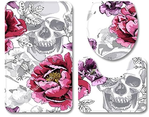 Bad Teppiche Set 3-Teiliges Grauer Schädel Rot WC Vorleger Mit Ausschnitt Badematte Saugfähig WC Deckelbezug Badvorleger rutschfest Waschbar Toilettensitzbezug Badgarnitur (45x75cm)