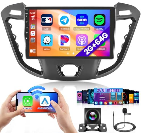 Hikity 2+64GB Android Radio para Ford Transit Custom 2013-2017 Soporta Wireless Carplay Android Auto, 9 Pulgadas Pantalla Táctil Estéreo Bluetooth Radio con WiFi GPS EQ FM RDS SWC Cámara Trasera