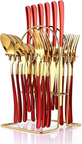 24-teiliges Silbergeschirr, Edelstahl Flatware Mit Halter, Löffel, Gabeln, Messer, Geschirr Service für 6, Weißes Besteck für Küche (Rot Gold)