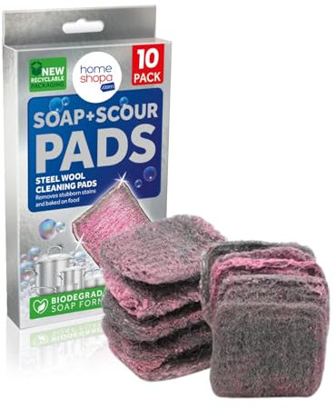 Homeshopa Soap Filled Scourer Pads, 10 Pack Stain and Grease Cutting Scouring Scrubber Pads, Durable and Long Lasting, Steel Wool Cleaning Scrub for Hob Oven Kitchen Sink