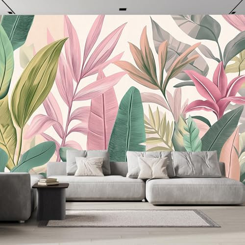 Papier Peint 3D Panoramique Feuilles Palmier Roses 150×105cm,3D Plantes Abstraites Papier Peint Tissu de soie pour Chambre Salon Personnalisé Décoration Murale