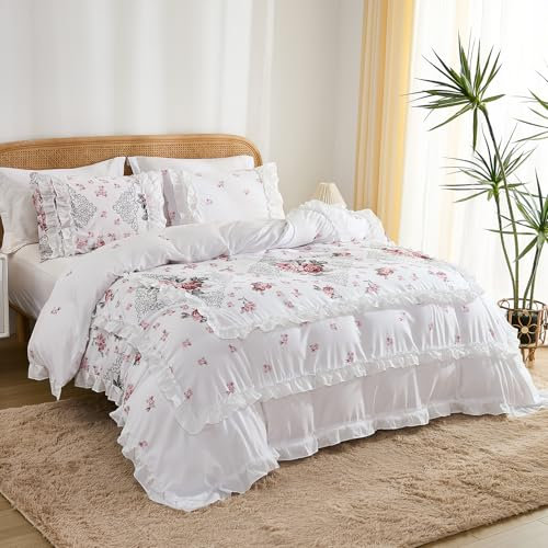 Herside Floral Duvet Cover Set King Size Rose Flower Printed Vintage White Pink Duvet Cover 3 Layer Ruffled Bedding Cover Romantic Comforter Cover 230x220cm 3PCS All Season with Zipper Closure