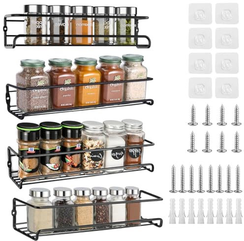 4 Pezzi Portaspezie Appendere con Ganci Autoadesivi e Viti, Set Porta Spezie Senza Perforazione, Mensole Barattoli Spezie, Organizzatore Condimenti Salvaspazio per Parete, Cucina, Bagno (Nero)