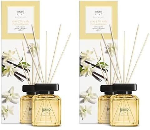 ipuro - Essentials Raumduft Soft Vanilla 200ml | Raumerfrischer mit Vanille, Sandelholz, Lakritz, Pfirsichblüte & Karamell Duft Aroma | Diffuser mit Stäbchen | Lufterfrischer für die Wohnung