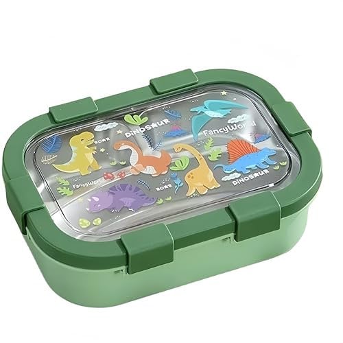 Pawcean Lonchera de acero inoxidable 304 con diseño de dinosaurio de dibujos animados, con cuchara, tenedor, sellada, a prueba de fugas, contenedor de almacenamiento de alimentos
