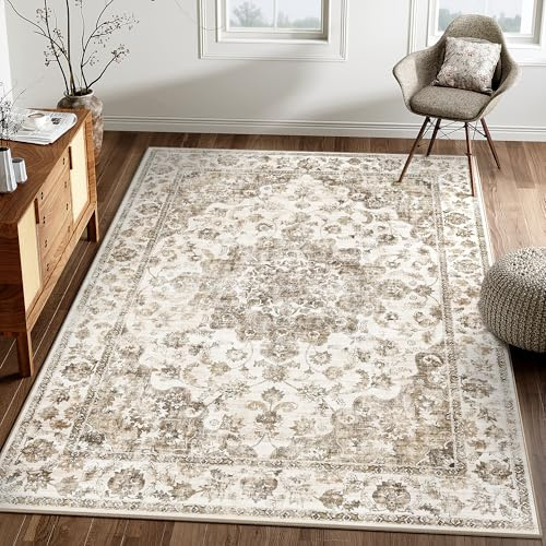 HUGEAR Vintage Teppich Wohnzimmer 140x200cm Braun Waschbar | Waschbarer Retro Teppich,Weich,Rutschfest Kurzflor,Groß,für Wohnzimmer,Schlafzimmer, Esszimmer,Büro,Carpet,Teppiche
