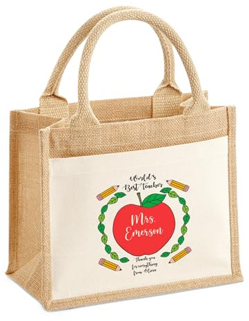 Personalised Teacher Bag with Custom Name, Hessian Jute Teacher Tote Bag, End Of Term Gift Thank You Gift for Teachers Assistants, TAs & Nursery Staff, Teacher Stuff Bag Present