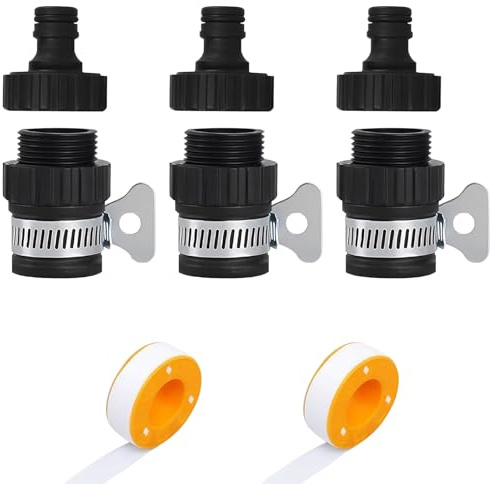 UptVin 6 PCS Universal Tap Hose Connector Set, 3x 3/4 Female Quick Connectors & 3x 3/4 Male Adapters, for 15-20mm Indoor Kitchen Mixer Tap Garden Hose, with 2 Rolls 10m Plumber Tape