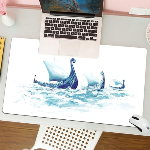 QRFASFZO Tapis de Souris Gaming - 30x80 cm - Tapis de Souris Esports - Ne Glisse jamais - Couverture complète du Bureau - Viking, Portrait de drakkars Vikings dans des navires de mer en Bois Brut