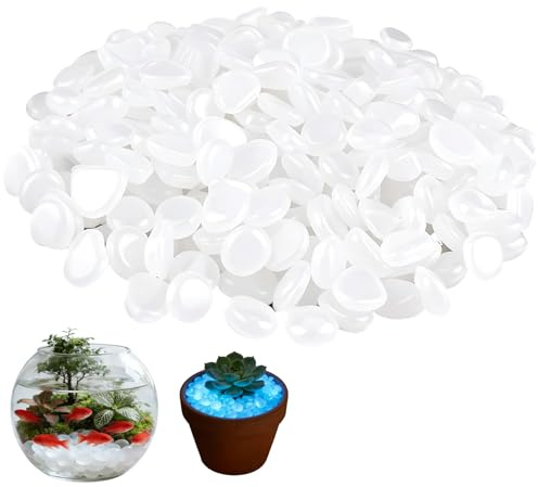 HORREX 300 Pezzi Pietre Luminose da Giardino Fluorescenti in Resina Bianco | Sassolini Decorativi per Vasi, Pietre Nottilucenti Riutilizzabile per Decorazione Esterni Acquario Ciottoli Luminosi Terrazza