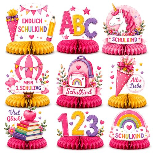 9 Stück Einschulung Deko Mädchen 2026, Schulkind Deko Rosa Bienenwaben Tischaufsteller, Deko Schulanfang für 1. Klasse, Schultüte Einhorn Tischdeko für Mädchen, Deko Einschulung Party