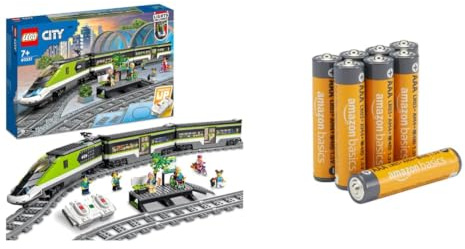 LEGO City Trains - Personen-Schnellzug -Ferngesteuertem Zug mit funktionierenden Scheinwerfern, 2 Waggons, 24 Gleisstücken & 6 Minifiguren + Amazon Basics Packung 8 AAA