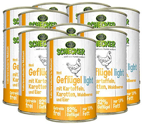 Schecker Nassfutter - Hundemenü Geflügel Light mit Kartoffeln, Karotten, Waldbeeren & Ei - Nassfutter - Diätfutter - 12 x 410 g