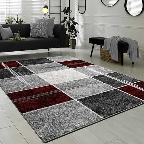 Paco Home Designer Teppich Kariert Kurzflor Marmor Optik Meliert Modern Grau Schwarz Rot, Grösse:120x170 cm