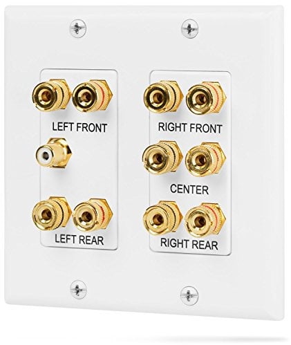Fosmon [2-Gang 5.1 Surround Distribution] Home Theater Wall Plate - Premium Quality Gold Plated Copper Banana Binding Post Coupler Type Wall Plate for 5 Speakers and 1 RCA Jack for Subwoofer (White)
