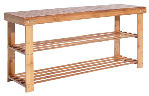 Hododou Shoe Rack 2 Tier Shoe Storage Bench Wooden Shoe Rack with Seat for Hallway Entryway Living Room Bedroom, 90 x 27 x 45cm, Natural Bamboo, Max Load Capacity up to 100KG