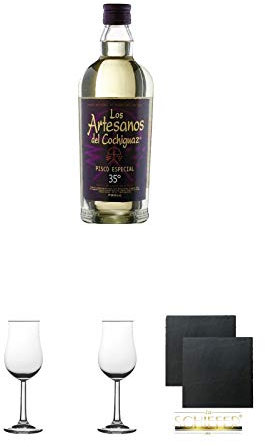 Pisco Los Artesanos del Cochiguaz aus Chile Pisco Especial 35% 0,7 Liter + 2 Bugatti Nosing Gläser mit Eichstrich 2cl und 4cl + 2 Schiefer Glasuntersetzer eckig ca. 9,5 cm Ø