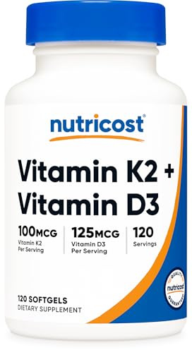 Nutricost Vitamina K2 (MK7) (100 mcg) + Vitamina D3 (5000 UI) 120 cápsulas blandas - Sin gluten y sin OGM